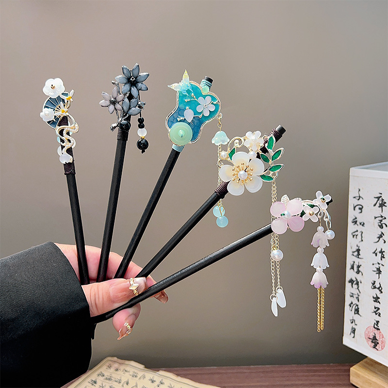 Pearl Hair Pin - Klassischer Quasten-Haarstab, schwarzer Holz-Blumen-Perlen-Haarstab, chinesischer Hanfu-Haarschmuck,